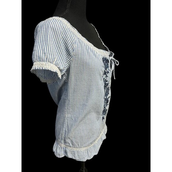 Abercrombie & Fitch Striped Short Sleeve Blouse W/ Embroidered Floral Design & T - Picture 4 of 10
